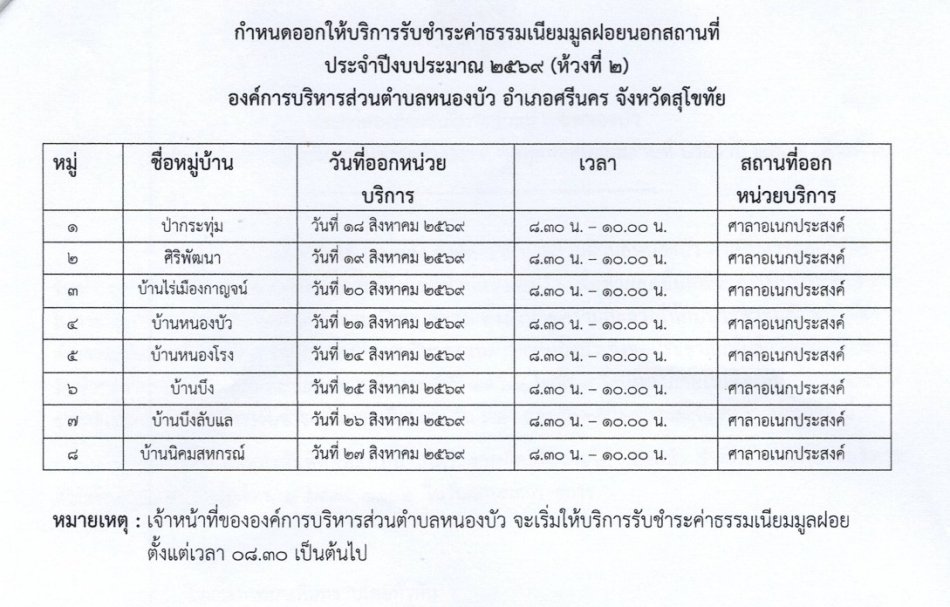 กำหนดออกให้บริการรับชำระค่าธรรมเนียมมูลฝอยนอกสถานที่ ประจำปีงบประมาณ 2569 (ห้วงที่ 2)